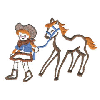 COWGIRL WALKING WITH HORSE